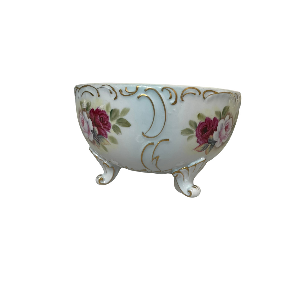 Vtg. Hand Painted Candy Dish On Legs 4" Tall X 6" Opening With Roses Gold Trim - Picture 3 of 8